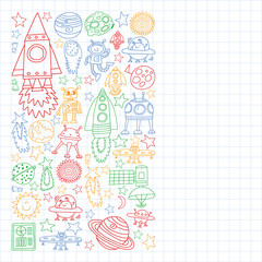 Vector set of space elements icons in doodle style. Painted, colorful, pictures on a sheet of checkered paper on a white background.