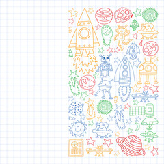 Vector set of space elements icons in doodle style. Painted, colorful, pictures on a sheet of checkered paper on a white background.