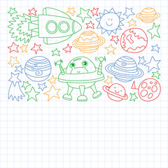 Vector set of space elements icons in doodle style. Painted, colorful, pictures on a sheet of checkered paper on a white background.