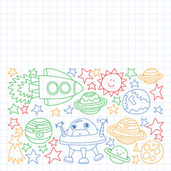 Vector set of space elements icons in doodle style. Painted, colorful, pictures on a sheet of checkered paper on a white background.
