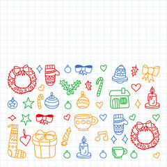 Vector set of Christmas, holiday winter days 2019, 2020, vector illustration. New Year's pattern, children's drawings with a teacher icons in doodle style. Painted, colorful, pictures on a sheet of