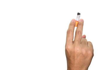 World No Tobacco Day; Woman hand with cigarette isolated on white background.