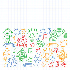 Children garden, Patern, Hand drawn children garden elements pattern, doodle illustration, Vector, illustration,