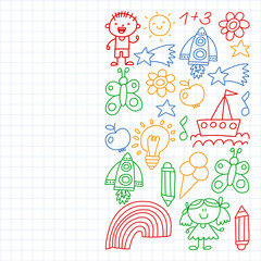 Children garden, Patern, Hand drawn children garden elements pattern, doodle illustration, Vector, illustration,
