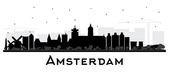 Fototapeta premium Amsterdam Holland City Skyline Silhouette with Black Buildings Isolated on White.