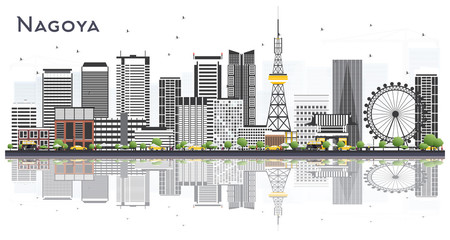 Nagoya Japan City Skyline with Gray Buildings and Reflections Isolated on White.