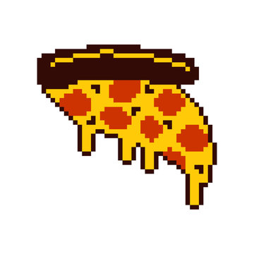 Slice of pizza pixel art. Cartoon fast food 8 bit