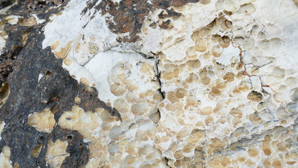 Texture of natural stone. Modern background. Image. Design for poster. Abstract backdrop. Black, grey, biege, sepia. Hole on the surface. Patterns and textures of rocks in nature. Closeup detail stone