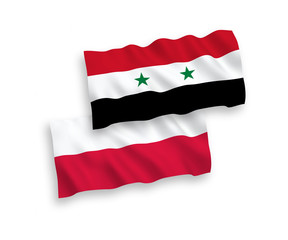 National vector fabric wave flags of Poland and Syria isolated on white background. 1 to 2 proportion.
