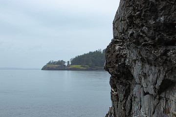 cliffs across a large body of water covered in tall green pine trees