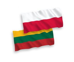 National vector fabric wave flags of Lithuania and Poland isolated on white background. 1 to 2 proportion.