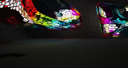 Abstract  Black and Gradient Glass Futuristic Sci-Fi interior With White Glowing Neon Tubes . 3D illustration and rendering.