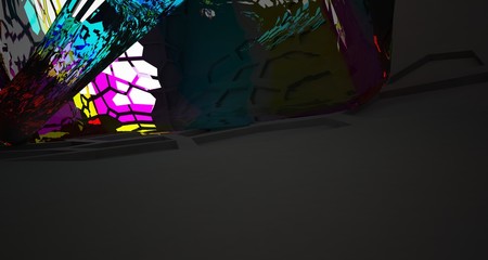 Fototapeta premium Abstract Black and Gradient Glass Futuristic Sci-Fi interior With White Glowing Neon Tubes . 3D illustration and rendering.