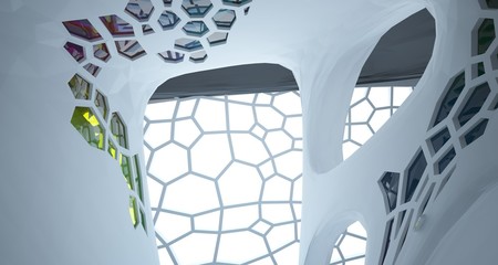 Abstract white, black and colored gradient glasses interior multilevel public space with window. 3D illustration and rendering.