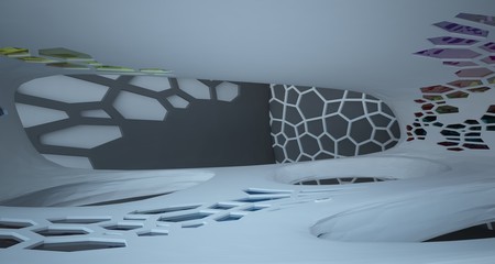 Abstract white, black and colored gradient glasses interior multilevel public space with window. 3D illustration and rendering.