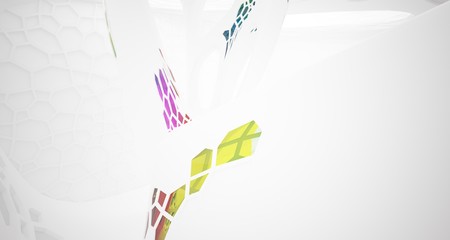 Abstract white and colored gradient glasses interior multilevel public space with window. 3D illustration and rendering.