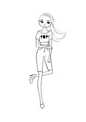 Hand drawn beautiful Girl in a t-shirt and breeches.  Fashion cute girl. Coloring page. Vector illustration
