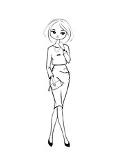 Hand drawn beautiful girl in the midi skirt. Fashion cute girl. Coloring page. Vector illustration