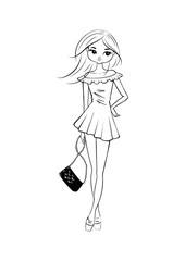 Hand drawn beautiful Girl in dress.  Fashion cute girl. Coloring page. Vector illustration