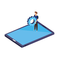 young man lifting gear in smartphone