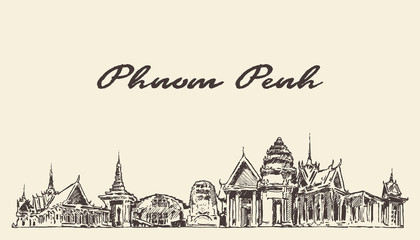 Phnom Penh skylin Cambodia drawn vector sketch