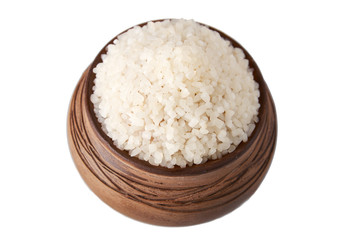 Brown pot with a slide of boiled rice oval isolated on white