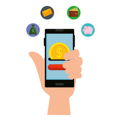 hand using smartphone with coin money and ecommerce icons