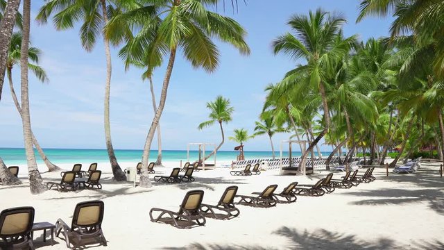Beach loungers near the shores of the Caribbean. White sand, palms, blue sea, and sky. Summer vacation on the amazing isle. Tourist hotel. Saona Island Dominican Republic, beach club and palm trees an