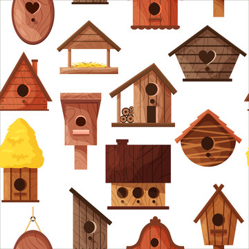 Seamless pattern of different wooden handmade bird houses isolated on white background. Cartoon homemade nesting boxes for birds, vector illustration for print
