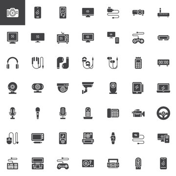 Electronic gadgets vector icons set, modern solid symbol collection, filled style pictogram pack. Signs, logo illustration. Set includes icons as Digital photo camera, Mobile phone, Computer monitor
