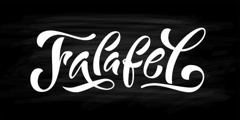 Falafel word. Hand drawn text logo. Vector illustration for falafel street food market on black background. Graphic print design for banner, tee, t shirt, poster label stamp. Vegan fast food.