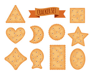 Set of cracker chips different shapes isolated on white background. Biscuit cookies for breakfast, tasty snack, yummy crackers - vector illustration