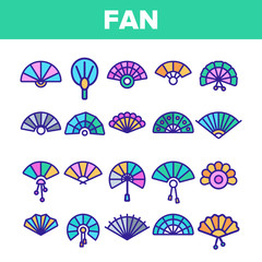 Handheld Elegant Fans Vector Linear Icons Set. Ancient Women Foldable Fans Outline Symbols Pack. Japanese Traditional Festival Accessory. Chinese Classic Souvenir Isolated Contour Illustrations