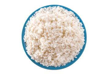 Blue plate full of rice isolated on white