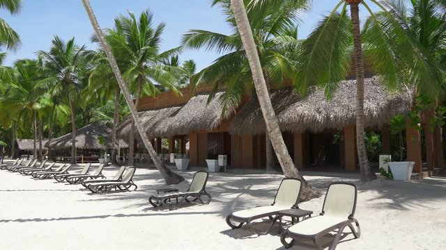 Dominican Republic, Saona Island resort, a beach club with sun loungers. Summer holidays on a white sandy beach. Thatched roofs and palm trees. Travel summer vacation with beach chairs. Tourist resort
