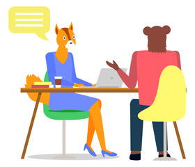 Hipster animals male and female vector, partners discussing ideas, brainstorming people business activities flat style. Chat of workers businessman