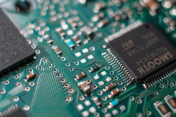 Minsk, Belarus, 2018. Computer chip, processor close up on green motherboard.