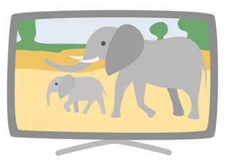 Plasma TV-set with broad screen isolated on white screen vector illustration, broadcasting modern device, flat cartoon television icon, showing elephants