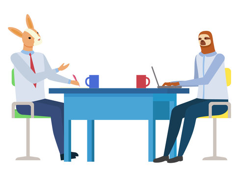 Hipster animals discussing, rabbit and sloth sitting at table and working with laptop, conference of workers at desktop, side view of employees vector