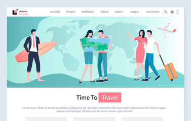 Time to travel vector, relaxed people couple looking at map, man and woman traveling on holidays and spending time together. Arrivals pair with baggage. Website for travel agency, landing page flat