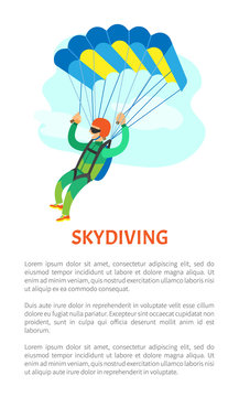 Skydiving poster, man in jumpsuit and helmet holding parachute, cloudy sky. Freedom jumping or dangerous sport, skydriver or sportman flying vector