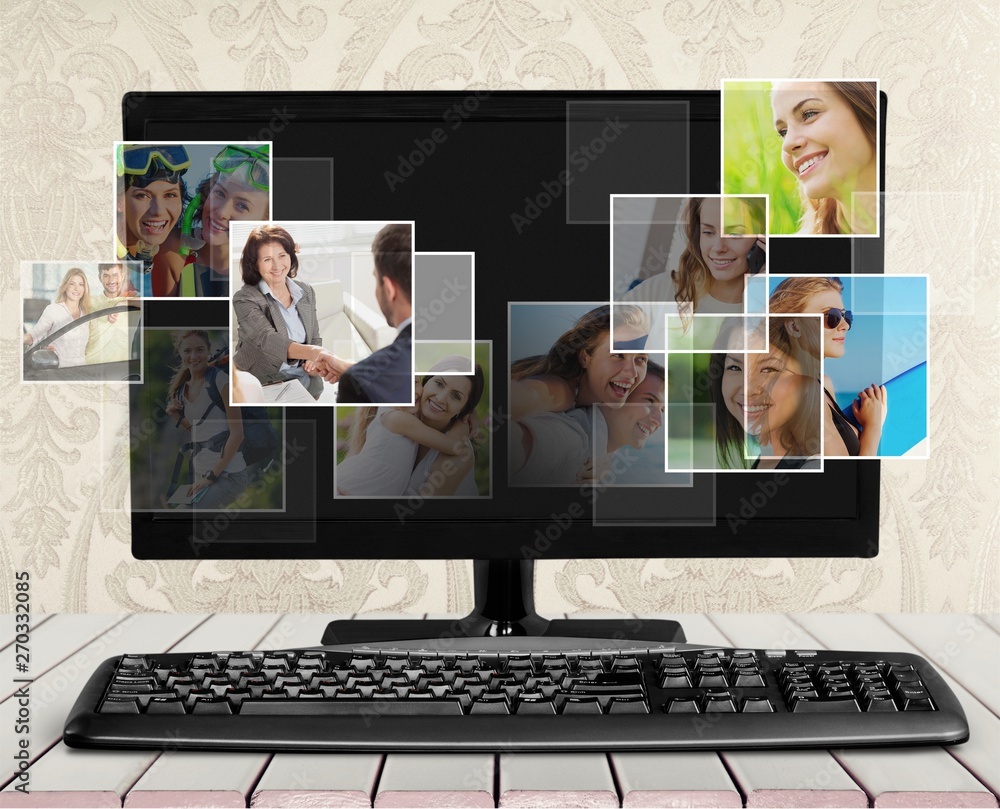 Poster desktop computer and keyboard on background