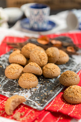 Homemade cookies on wooden table with small coffee cups, turkish coffee , gourmet cookies