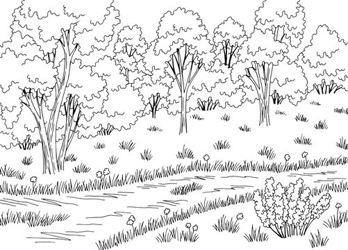 Rural road graphic black white landscape sketch illustration vector © aluna1