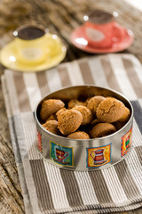 Homemade cookies on wooden table with small coffee cups, turkish coffee , gourmet cookies