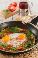 Turkish Breakfast, scrambled egg on pan and 