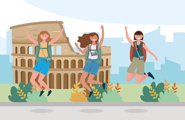 women friends jumping with backpack and camera to colosseum adventure
