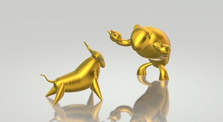 3d rendering gold bull and bear business content.