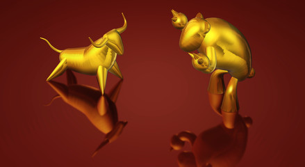 3d rendering gold bull and bear business content.