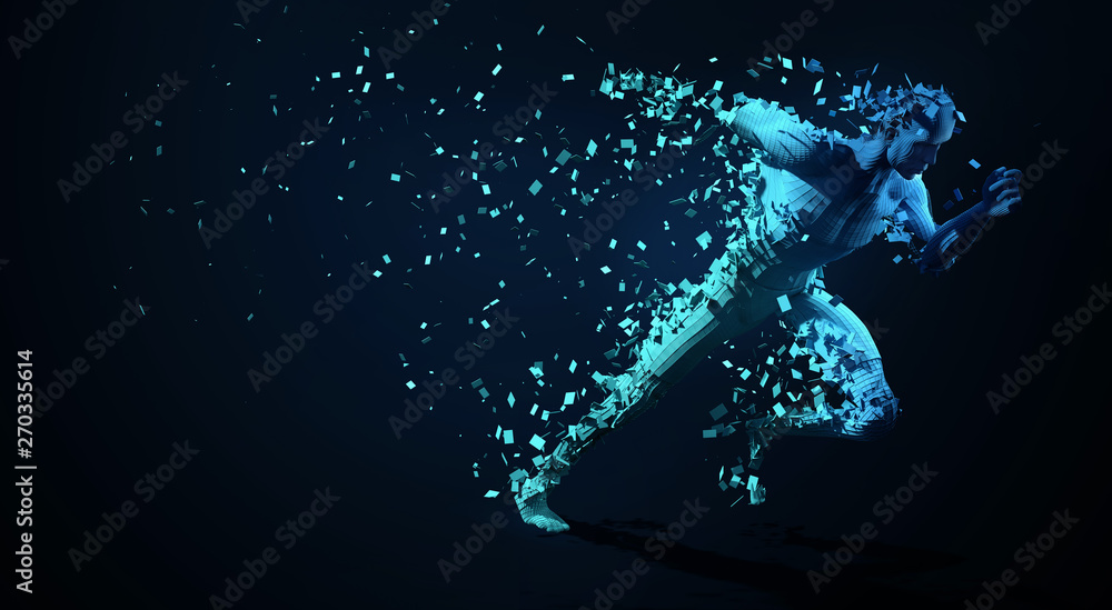 Fototapete sport backgrounds. concept of a low poly running man. 3d render of the geometric runner.
